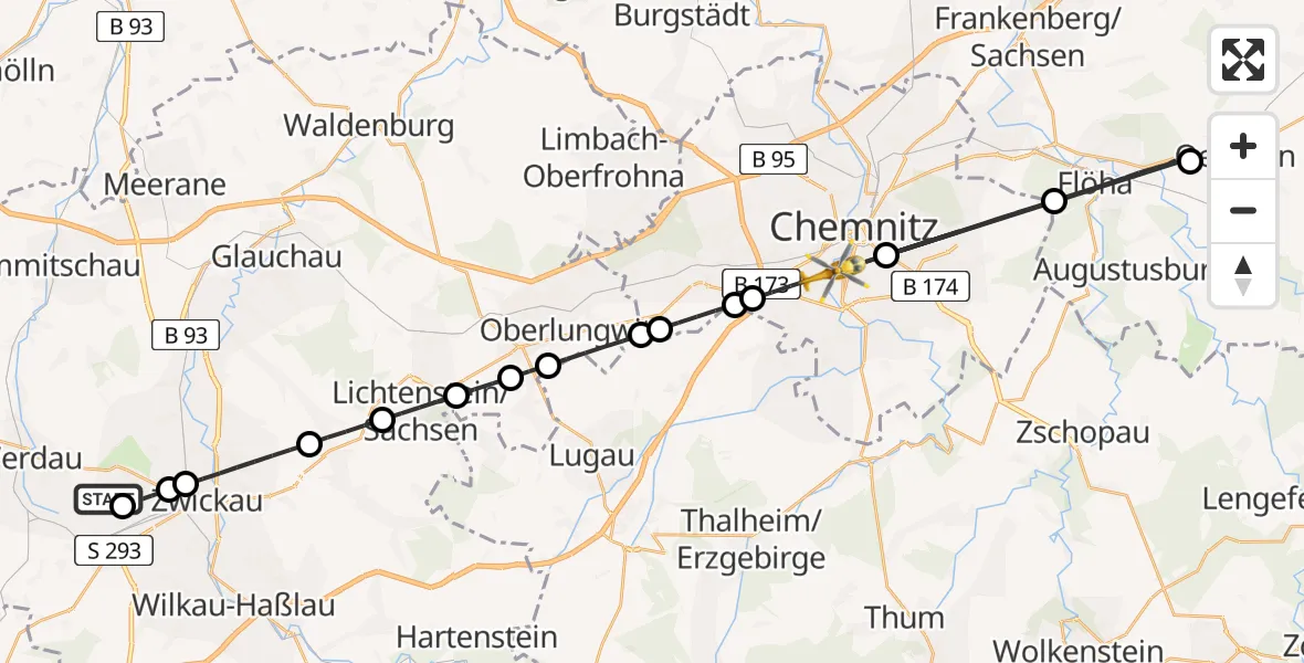 Flugroute Rettungshubschrauber ADAC Air Rescue Station Zwickau Hubschrauberlandeplatz - Chemnitz, 13 August 2026, 15:38