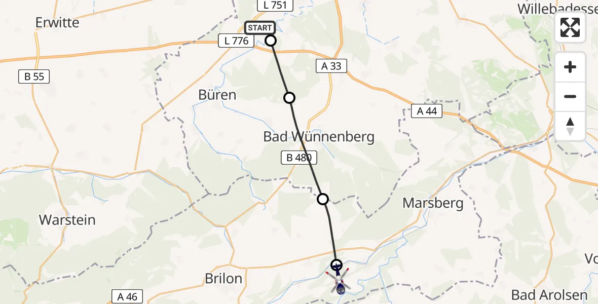 Flugroute Polizeihubschrauber Paderborn Lippstadt Flughafen - Marsberg, 13 August 2026, 15:38