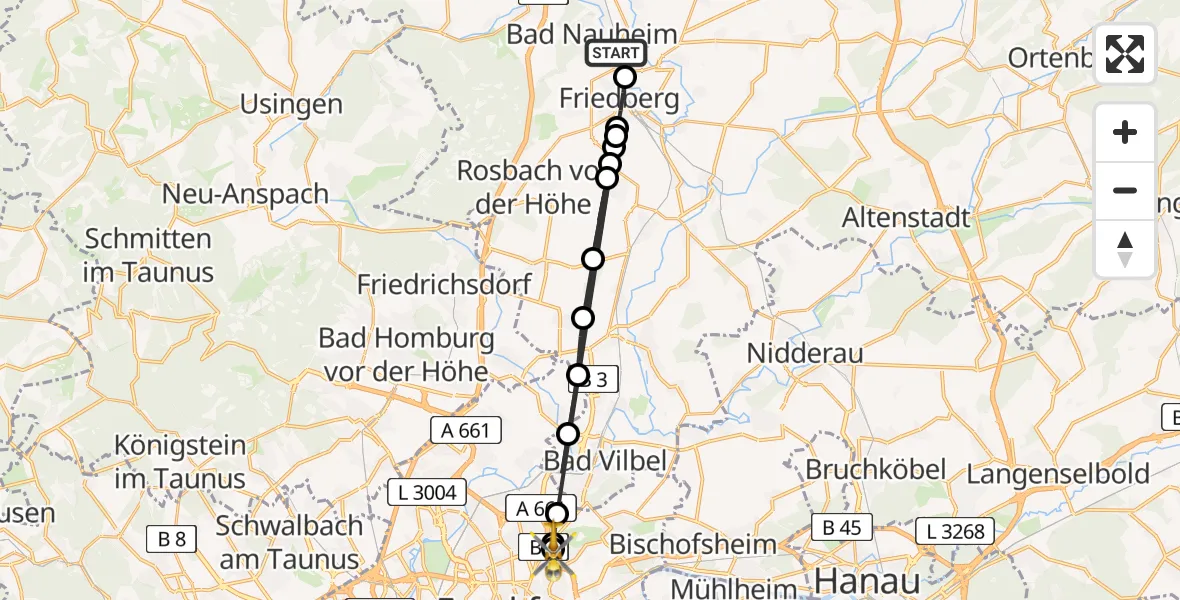 Flugroute Rettungshubschrauber Bad Nauheim - Frankfurt am Main Accident Hospital Roof Helipad (CHX2), 13 August 2026, 15:49