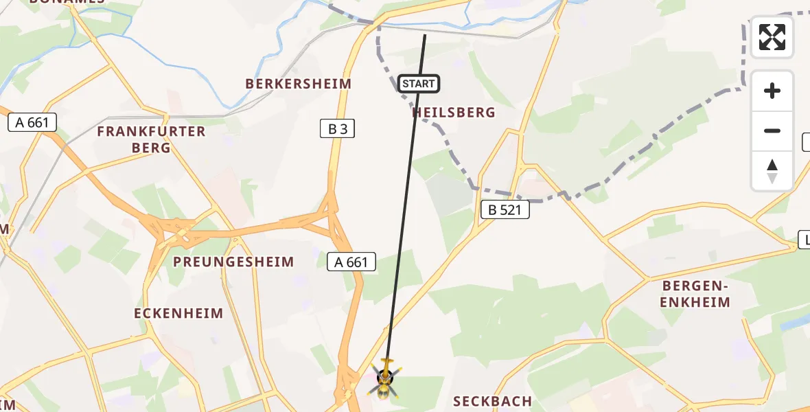 Flugroute Rettungshubschrauber Bad Vilbel - Frankfurt am Main Accident Hospital Roof Helipad (CHX2), 13 August 2026, 15:59