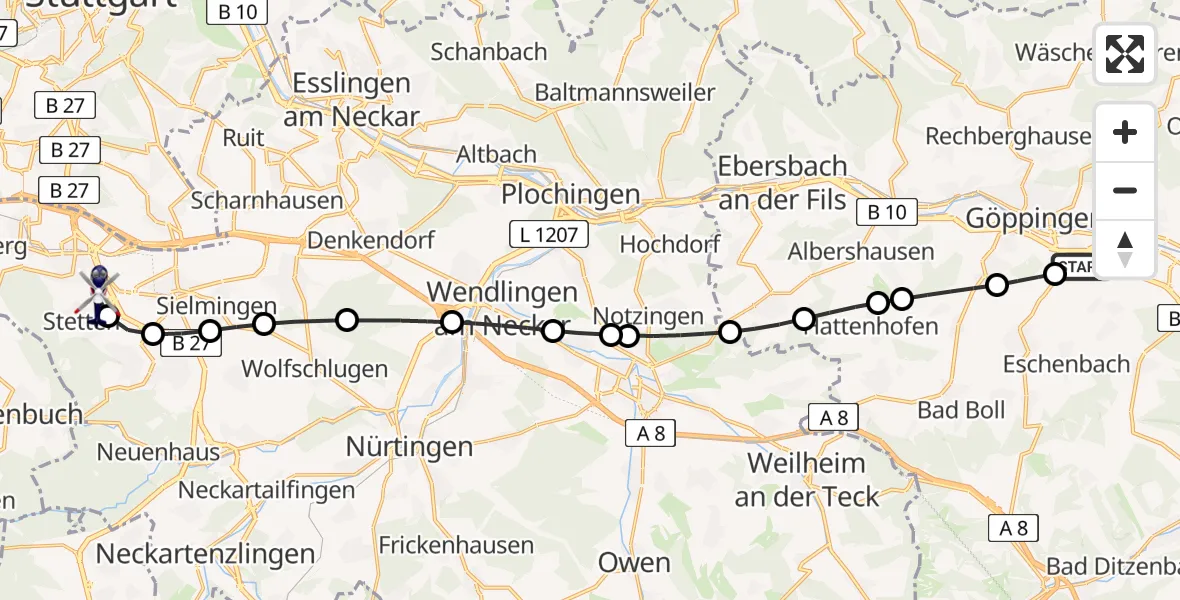 Flugroute Polizeihubschrauber Göppingen - Leinfelden-Echterdingen, 13 August 2026, 16:00