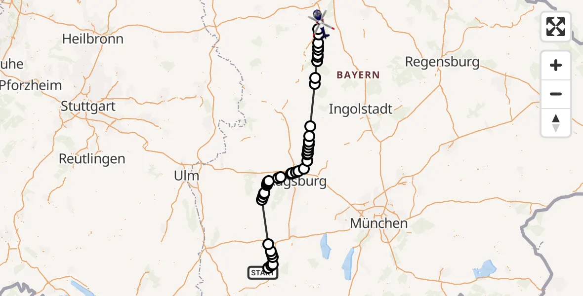 Flugroute Polizeihubschrauber Kaufbeuren - Flugplatz Roth, 13 August 2026, 16:03
