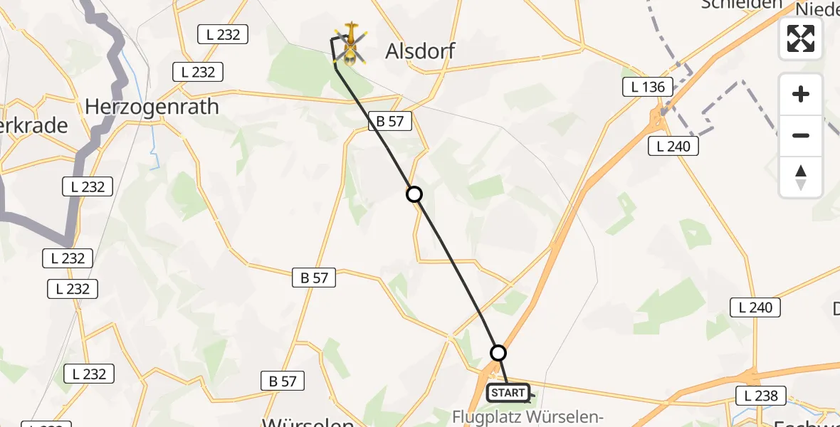 Flugroute Rettungshubschrauber Aachen-Merzbrück Flughafen - Alsdorf, 13 August 2026, 16:04