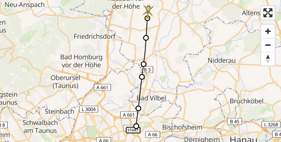 Flugroute Rettungshubschrauber Frankfurt am Main Accident Hospital Roof Helipad (CHX2) - Wöllstadt, 13 August 2026, 16:05