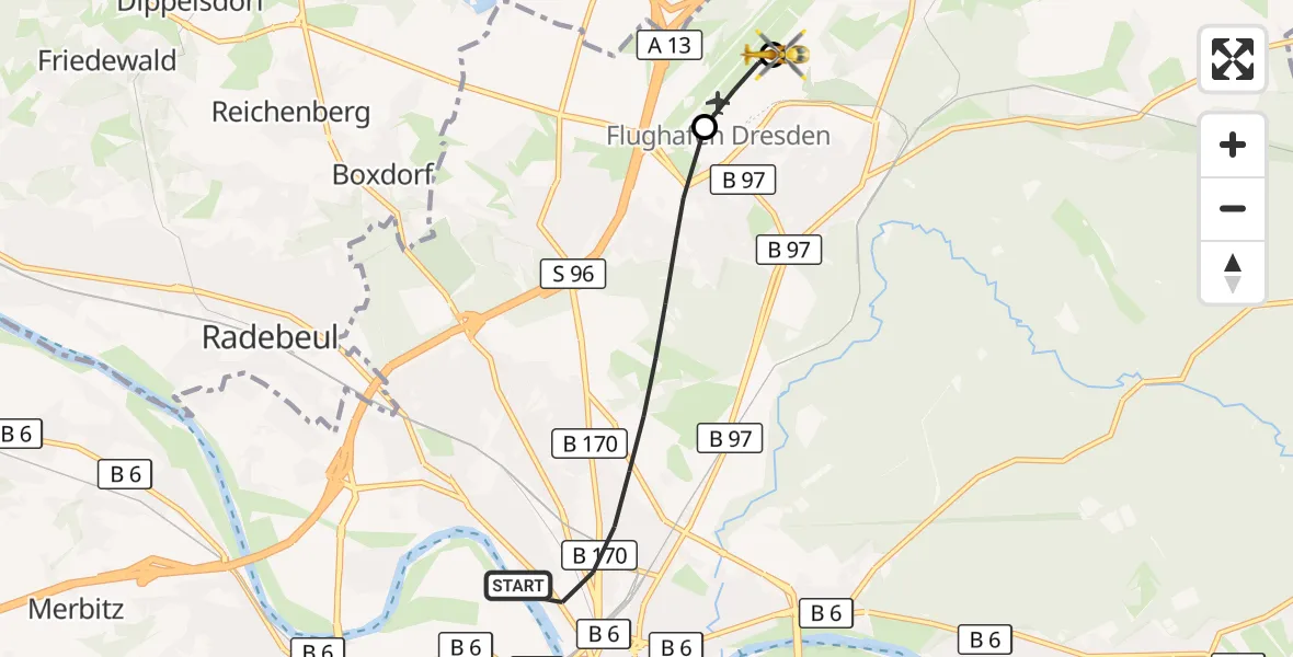 Flugroute Rettungshubschrauber Dresden - Dresden Bundespolizei Hubschrauberlandeplatz, 13 August 2026, 16:07
