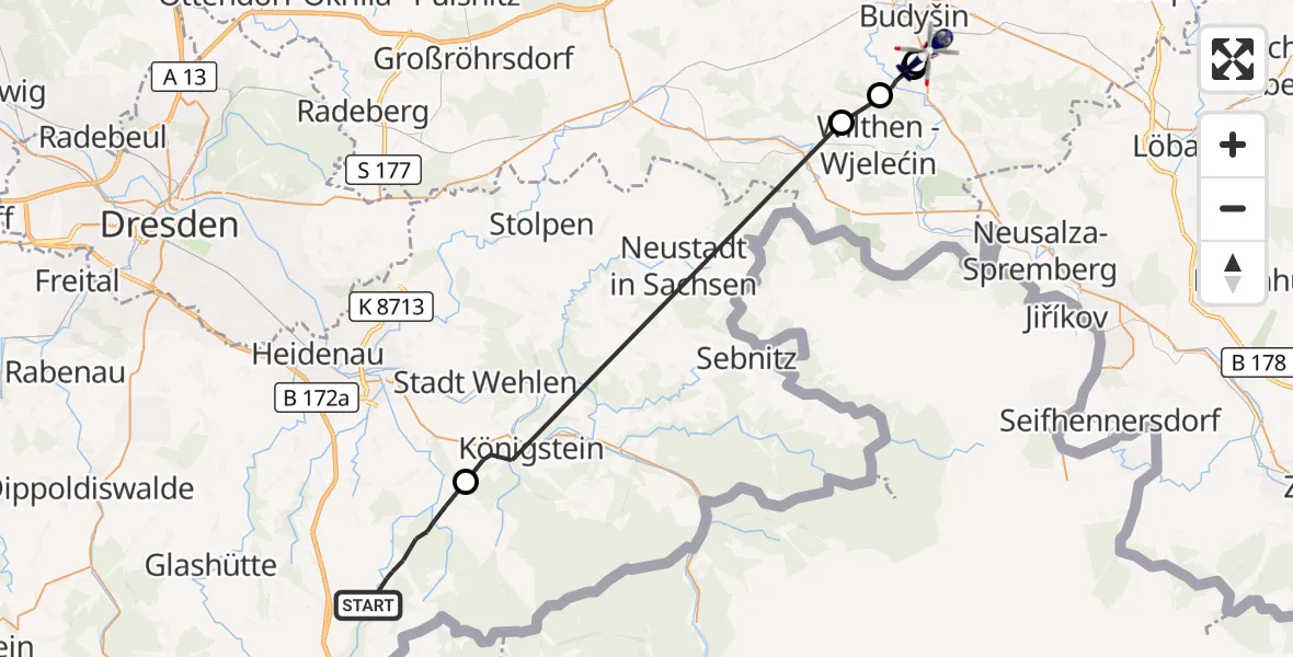 Flugroute Polizeihubschrauber Bad Gottleuba-Berggießhübel - Großpostwitz/O.L., 13 August 2026, 16:06
