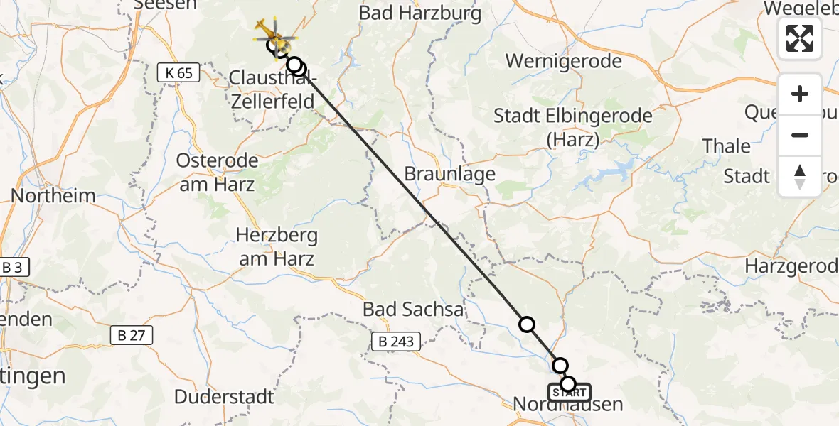 Flugroute Rettungshubschrauber Südharz Hospital Nordhausen - Goslar, 13 August 2026, 16:07