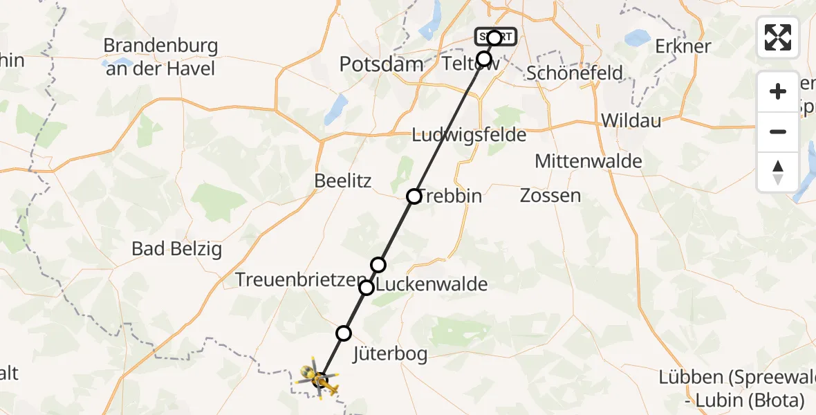 Flugroute Rettungshubschrauber Charité Clinic Benjamin Franklin Campus - Niedergörsdorf, 13 August 2026, 16:08