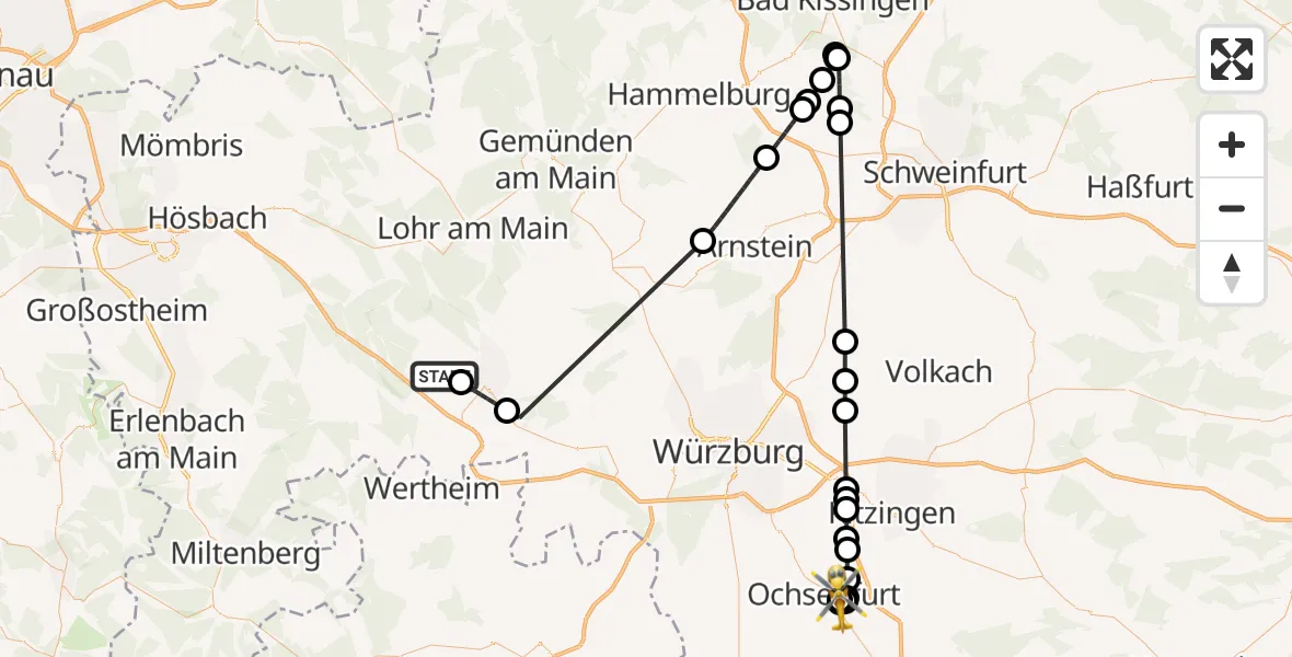 Flugroute Rettungshubschrauber Esselbach - Ochsenfurt Hospital, 13 August 2026, 16:07