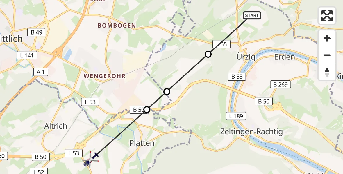 Flugroute Polizeihubschrauber Ürzig - Platten, 13 August 2026, 16:08