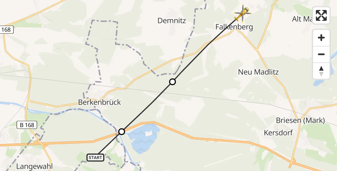 Flugroute Rettungshubschrauber Langewahl - Briesen (Mark), 13 August 2026, 16:18