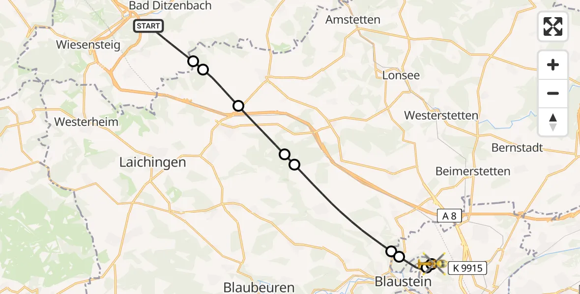 Flugroute Rettungshubschrauber Bad Ditzenbach - ADAC Air Rescue Station Ulm (Christoph 22), 13 August 2026, 16:23