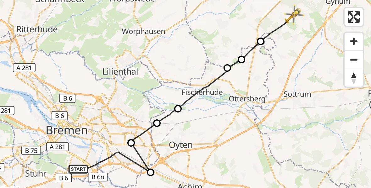 Flugroute Rettungshubschrauber Bremen - Gyhum, 13 August 2026, 16:27