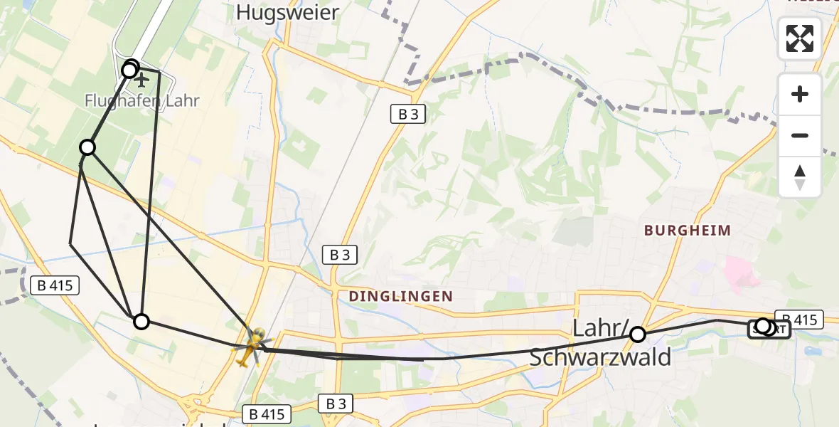 Flugroute Rettungshubschrauber Ortenau Hospital Lahr-Ettenheim - Lahr/Schwarzwald, 13 August 2026, 16:28