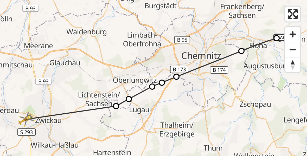 Flugroute Rettungshubschrauber Oederan - ADAC Air Rescue Station Zwickau Hubschrauberlandeplatz, 13 August 2026, 16:29