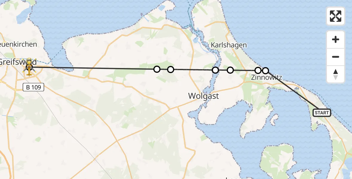 Flugroute Rettungshubschrauber Loddin - Greifswald Hospital, 13 August 2026, 16:31