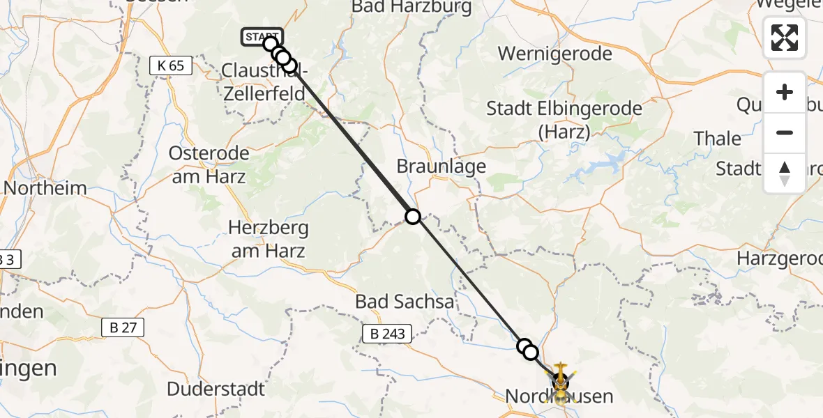 Flugroute Rettungshubschrauber Goslar - Südharz Hospital Nordhausen, 13 August 2026, 16:37