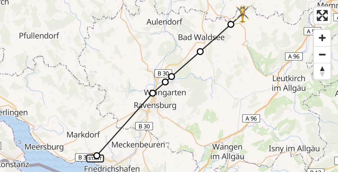 Flugroute Rettungshubschrauber Friedrichshafen Hospital - Bad Wurzach, 13 August 2026, 16:38