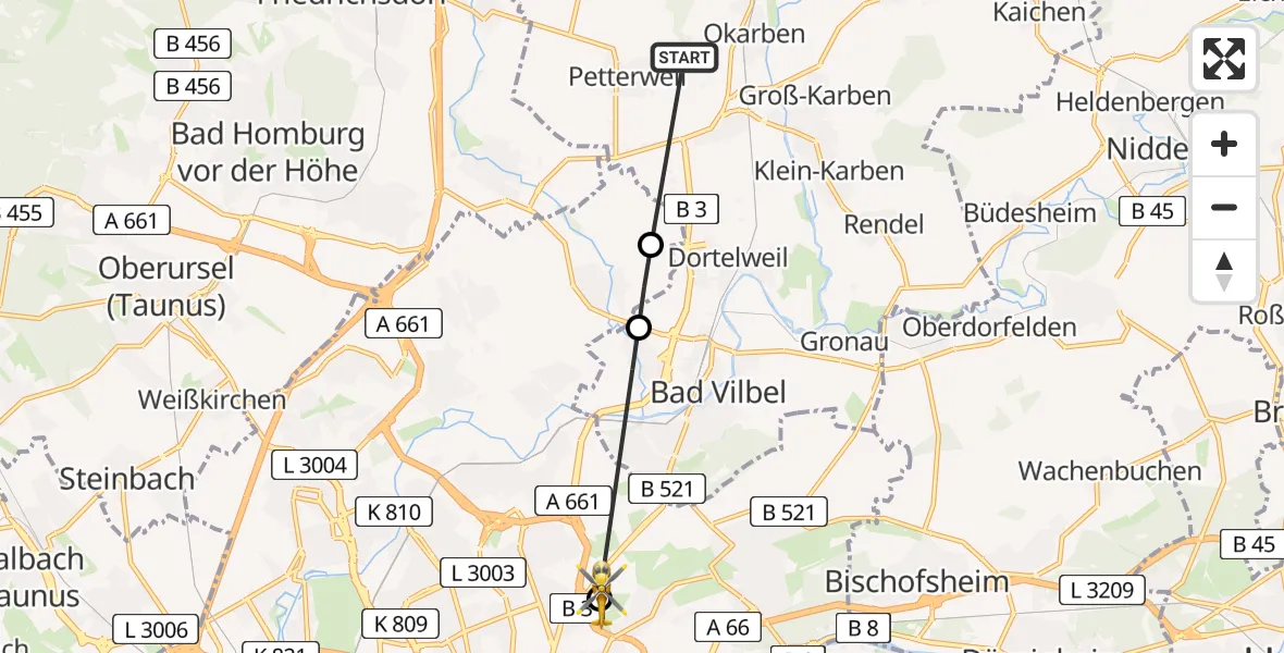 Flugroute Rettungshubschrauber Karben - Frankfurt am Main Accident Hospital Roof Helipad (CHX2), 13 August 2026, 16:44