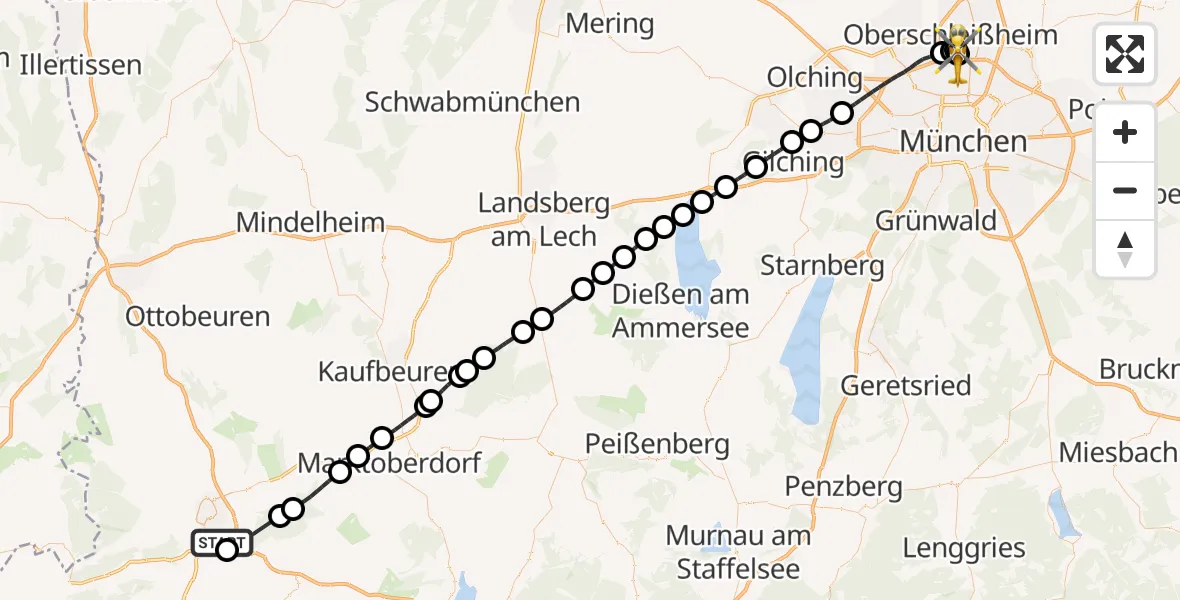 Flugroute Rettungshubschrauber Kempten-Durach Flugplatz - Oberschleißheim, 13 August 2026, 16:44