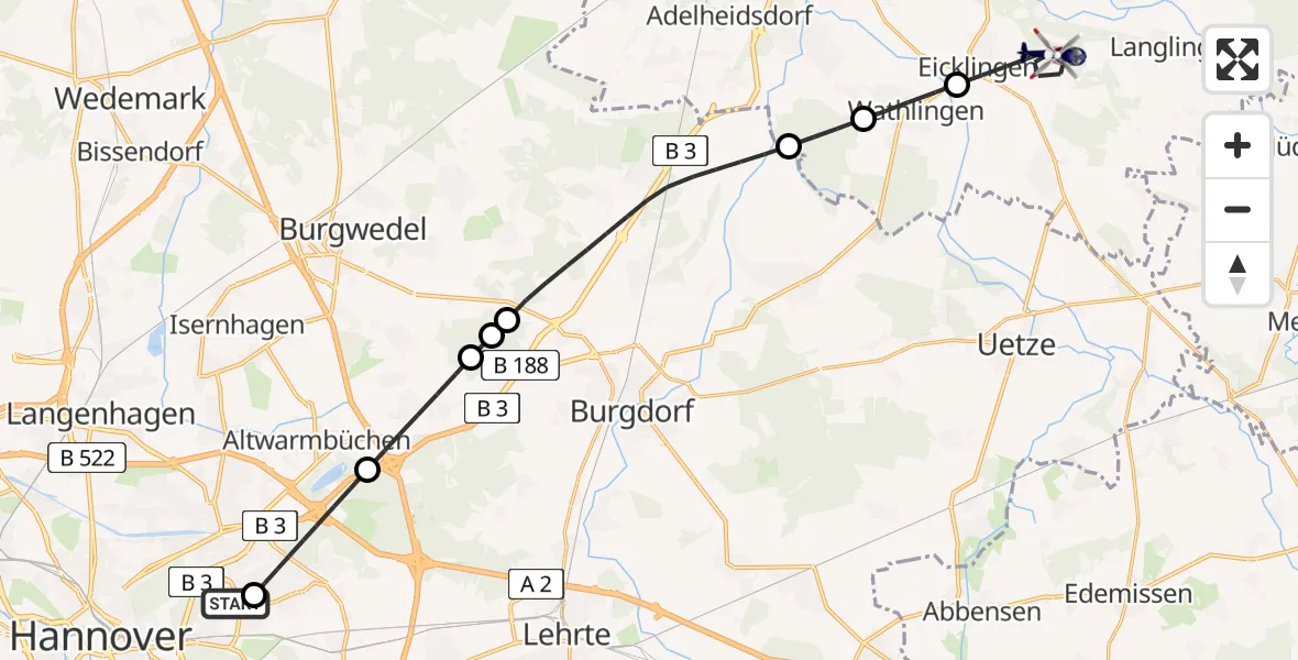 Flugroute Polizeihubschrauber Hannover Luftrettung Hubschrauberlandeplatz (Christoph 4) - Eicklingen, 13 August 2026, 16:58