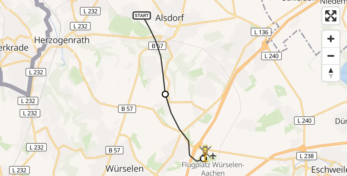 Flugroute Rettungshubschrauber Alsdorf - Aachen-Merzbrück Flughafen, 13 August 2026, 17:04