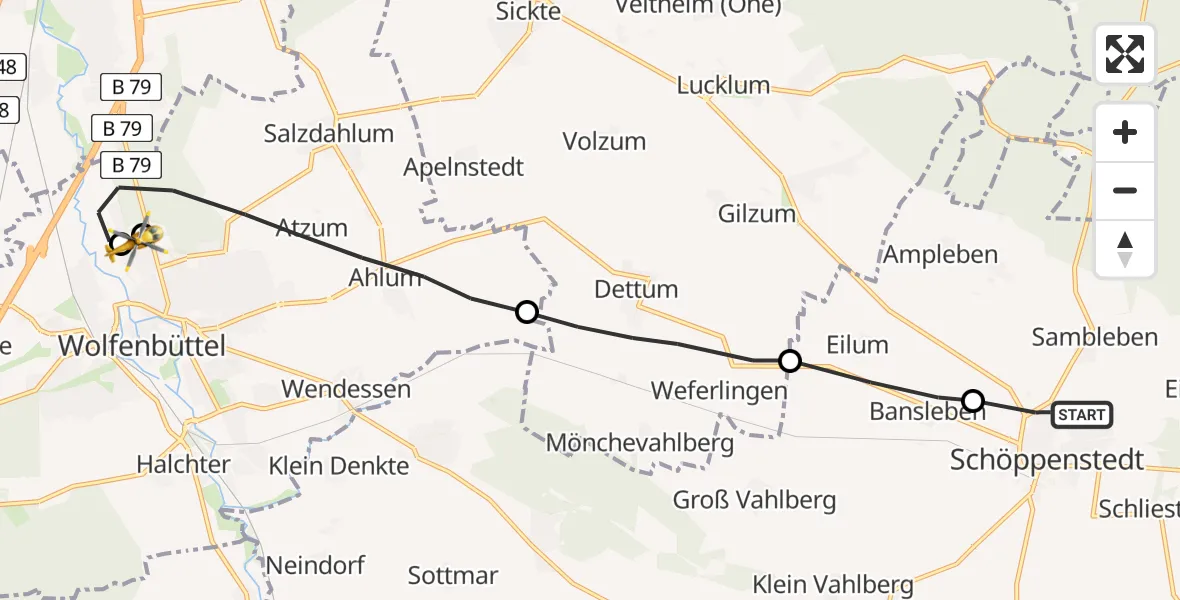 Flugroute Rettungshubschrauber Schöppenstedt - Wolfenbüttel Municipal Hospital Heliport (Christoph 30), 13 August 2026, 17:04