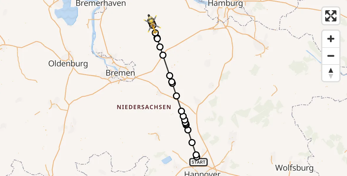 Flugroute Rettungshubschrauber Flughafen Hannover - Sandbostel, 13 August 2026, 17:05