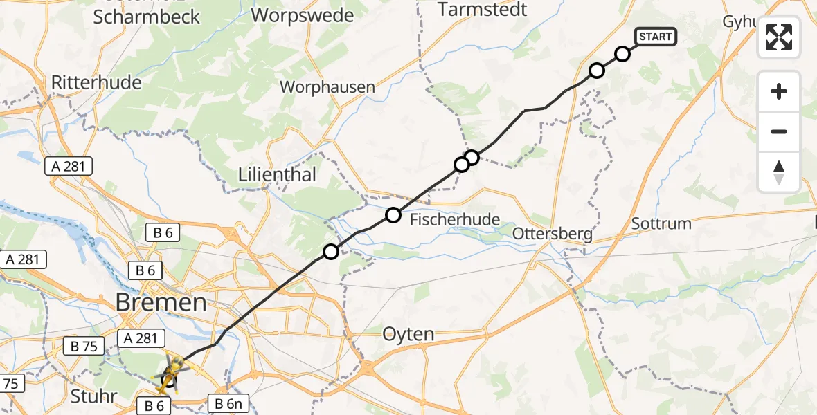 Flugroute Rettungshubschrauber Gyhum - ADAC Air Rescue Station Bremen Hubschrauberlandeplatz (Christoph 6), 13 August 2026, 17:10
