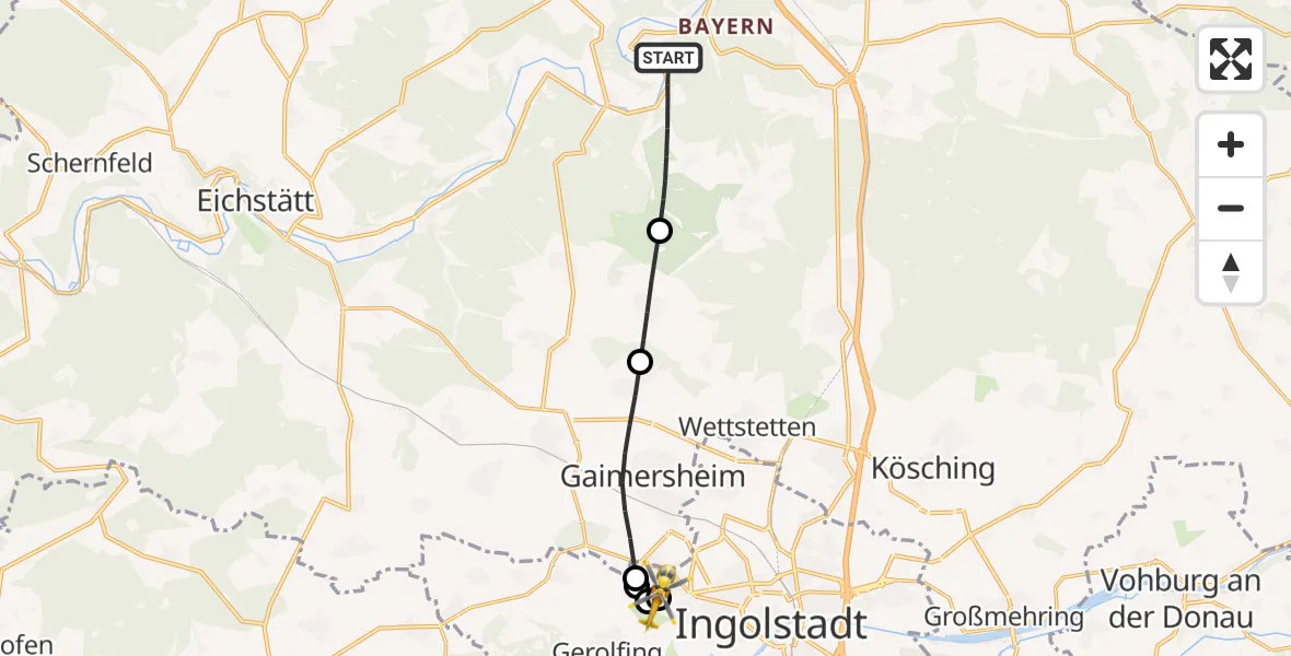 Flugroute Rettungshubschrauber Kipfenberg - Ingolstadt Hospital, 13 August 2026, 17:17