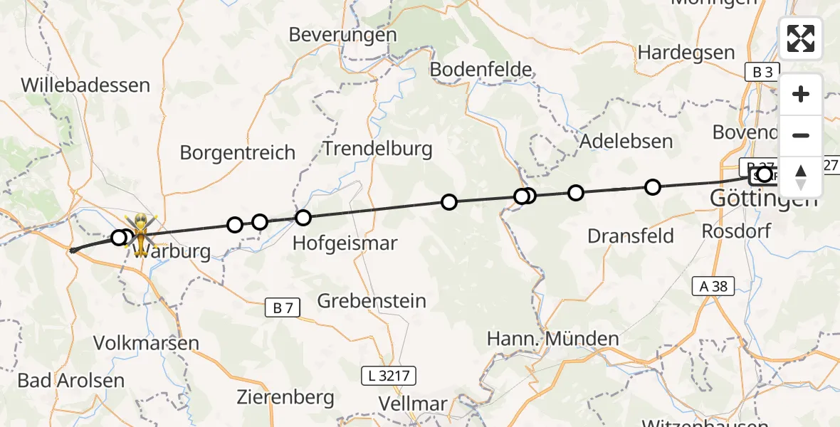 Flugroute Rettungshubschrauber Göttingen University Clinic Hubschrauberlandeplatz - Warburg, 13 August 2026, 17:18