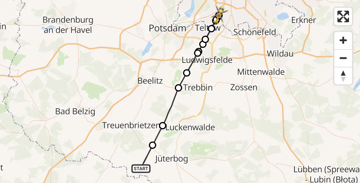 Flugroute Rettungshubschrauber Niedergörsdorf - Charité Clinic Benjamin Franklin Campus, 13 August 2026, 17:18