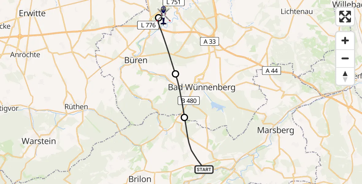 Flugroute Polizeihubschrauber Brilon - Paderborn Lippstadt Flughafen, 13 August 2026, 17:18