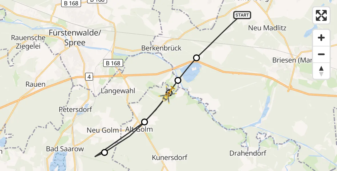 Flugroute Rettungshubschrauber Briesen (Mark) - Rietz-Neuendorf, 13 August 2026, 17:21