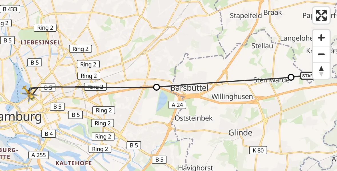 Flugroute Ambulanzhubschrauber Brunsbek - Hamburg, 13 August 2026, 17:27