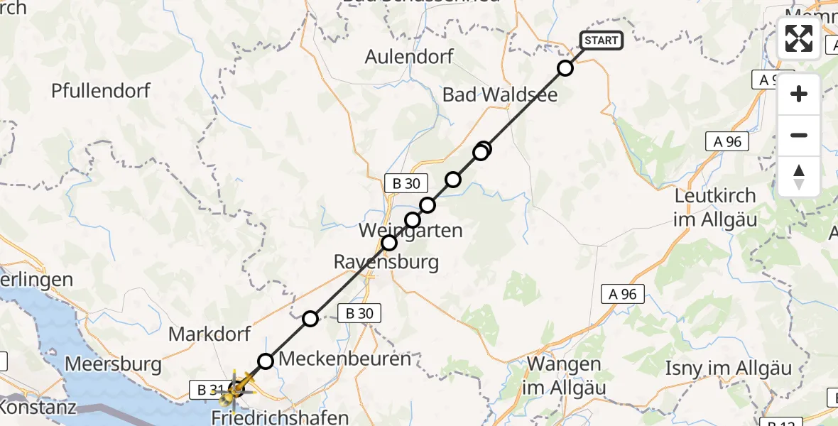 Flugroute Rettungshubschrauber Bad Wurzach - Friedrichshafen Hospital, 13 August 2026, 17:30