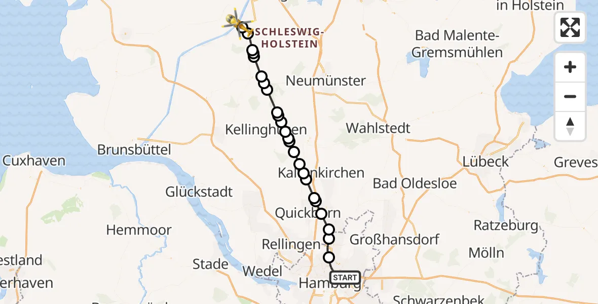 Flugroute Ambulanzhubschrauber Hamburg - Rendsburg-Schachtholm Flugplatz, 13 August 2026, 17:37