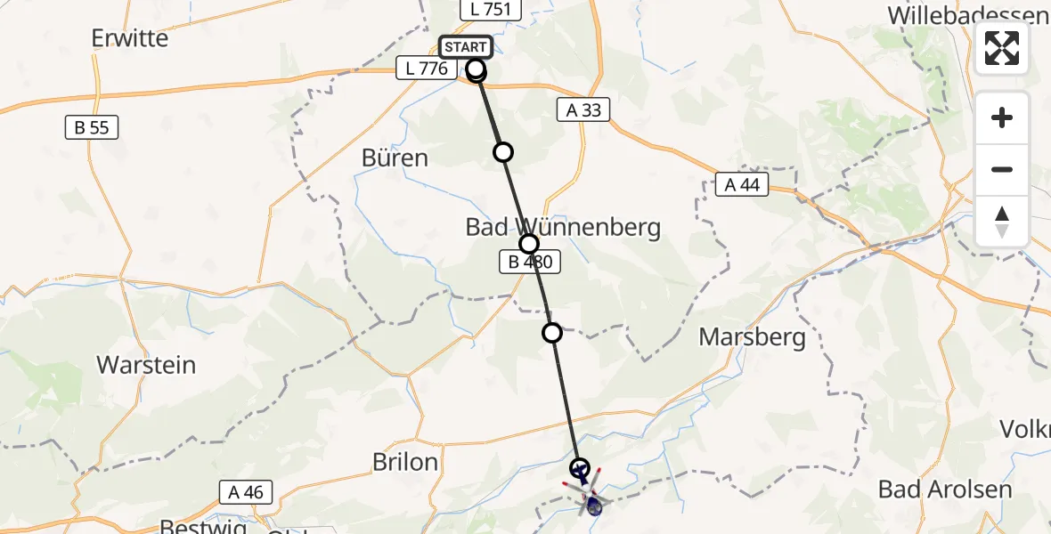 Flugroute Polizeihubschrauber Paderborn Lippstadt Flughafen - Marsberg, 13 August 2026, 17:40
