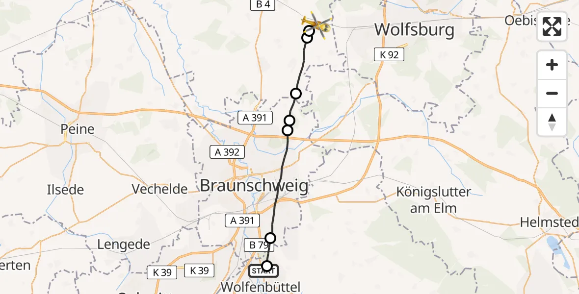 Flugroute Rettungshubschrauber Wolfenbüttel Municipal Hospital Heliport (Christoph 30) - Calberlah, 13 August 2026, 17:41