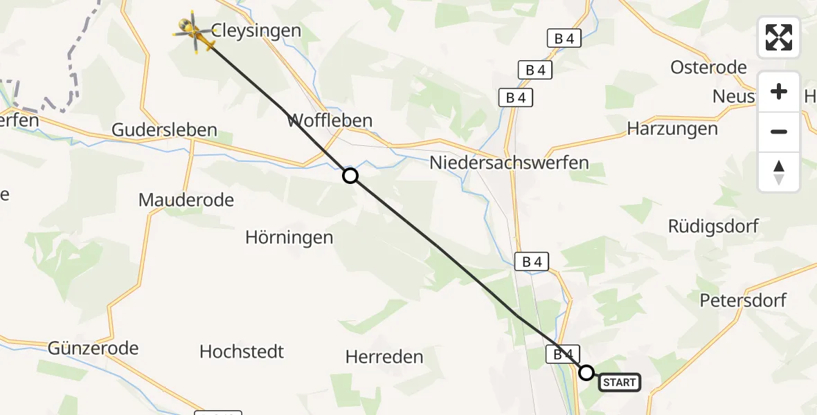 Flugroute Rettungshubschrauber Südharz Hospital Nordhausen - Ellrich, 13 August 2026, 17:49