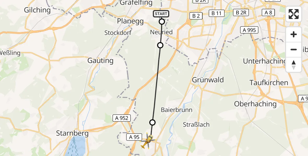 Flugroute Rettungshubschrauber DRF Air Rescue München Hubschrauberlandeplatz - Schäftlarn, 13 August 2026, 17:57