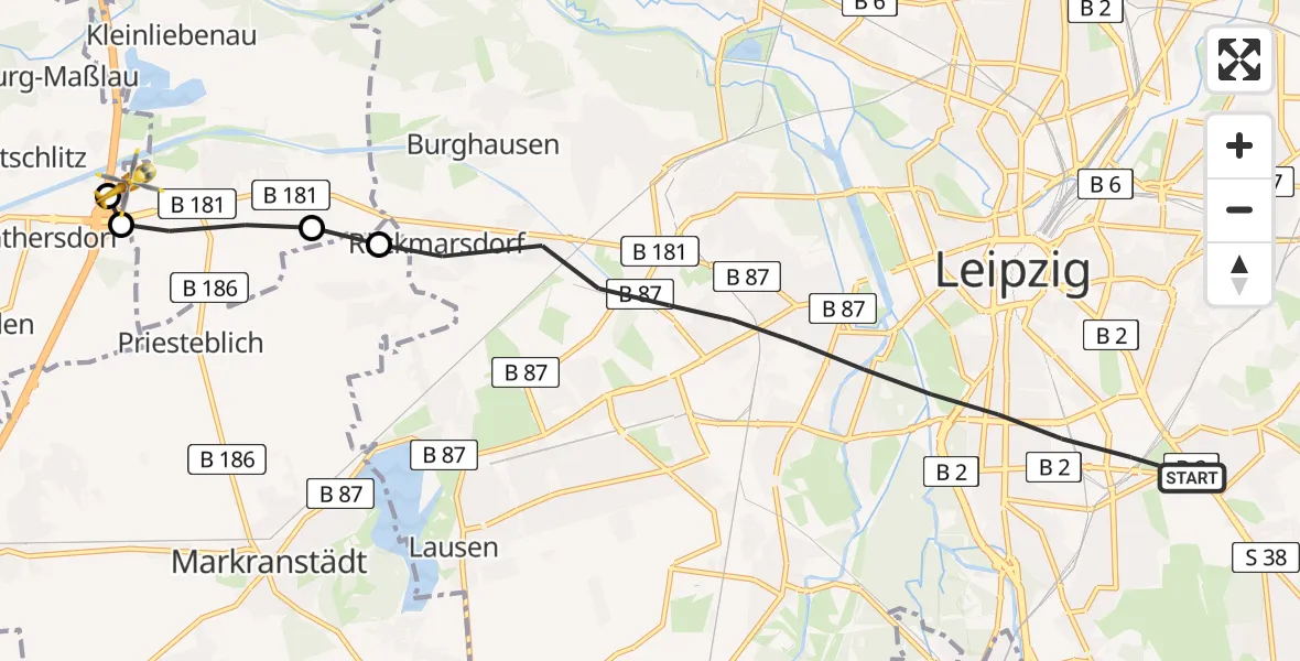 Flugroute Rettungshubschrauber Leipzig - ADAC Air Rescue Station Leipzig/Schkeuditz-Dölzig Hubschrauberlandeplatz (Christoph 61), 13 August 2026, 17:58
