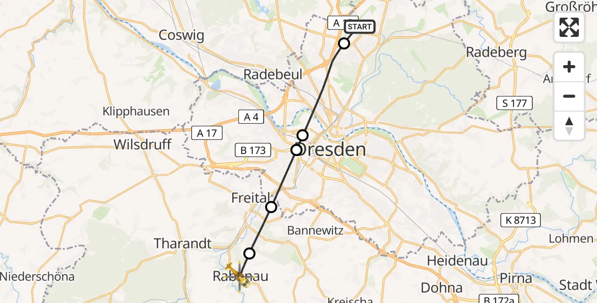 Flugroute Rettungshubschrauber Dresden Flughafen - Rabenau, 13 August 2026, 17:58