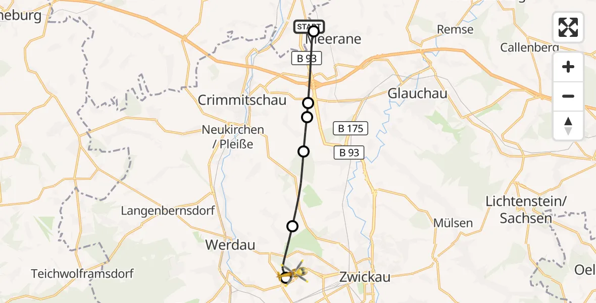 Flugroute Rettungshubschrauber Ponitz - ADAC Air Rescue Station Zwickau Hubschrauberlandeplatz, 13 August 2026, 17:59