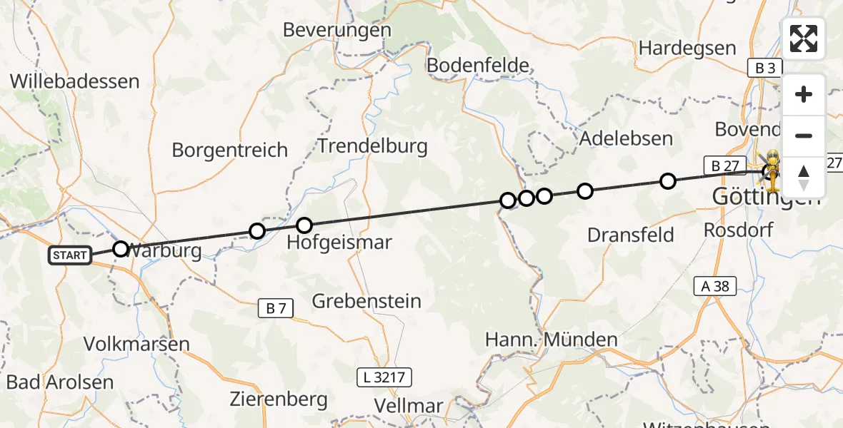 Flugroute Rettungshubschrauber Diemelstadt - Göttingen University Clinic Hubschrauberlandeplatz, 13 August 2026, 18:03