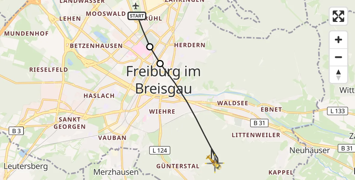 Flugroute Ambulanzhubschrauber Freiburg im Breisgau - Freiburg im Breisgau, 13 August 2026, 18:06