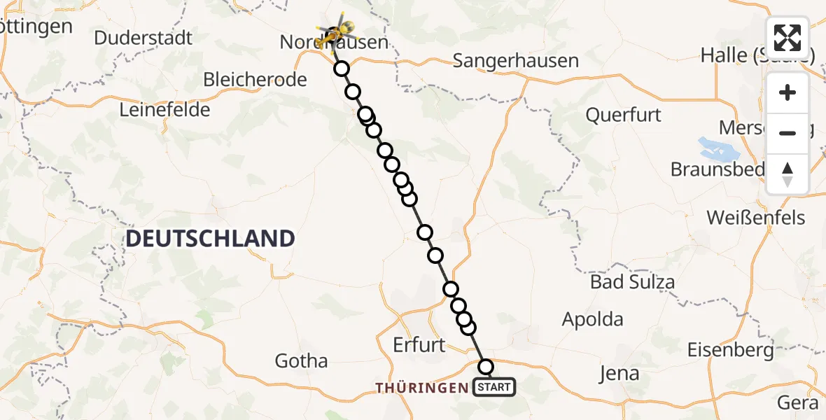 Flugroute Ambulanzhubschrauber Bad Berka - Südharz Hospital Nordhausen, 13 August 2026, 18:12