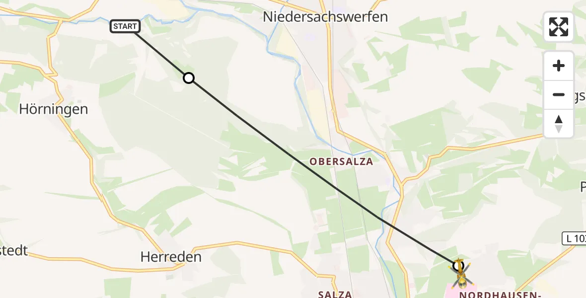 Flugroute Rettungshubschrauber Ellrich - Südharz Hospital Nordhausen, 13 August 2026, 18:16