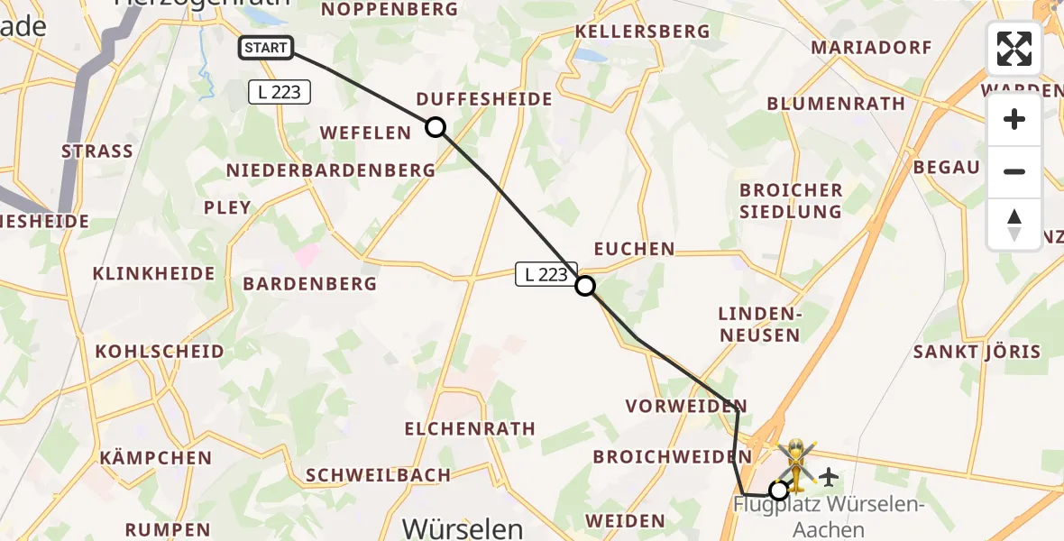 Flugroute Rettungshubschrauber Herzogenrath - Aachen-Merzbrück Flughafen, 13 August 2026, 18:17