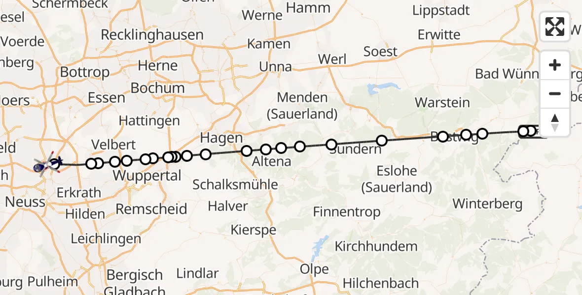 Flugroute Polizeihubschrauber Marsberg - Düsseldorf Flughafen, 13 August 2026, 18:19